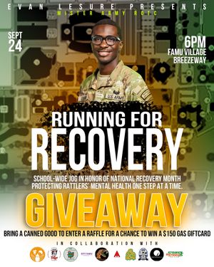 Event banner for Running for Recovery giveaway promoting mental health awareness with gas card raffle prize.