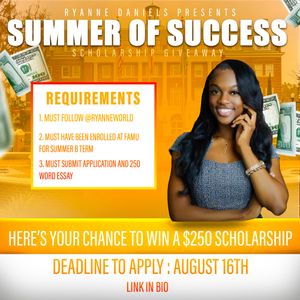 Scholarship opportunity poster featuring 'Summer of Success' with money background.