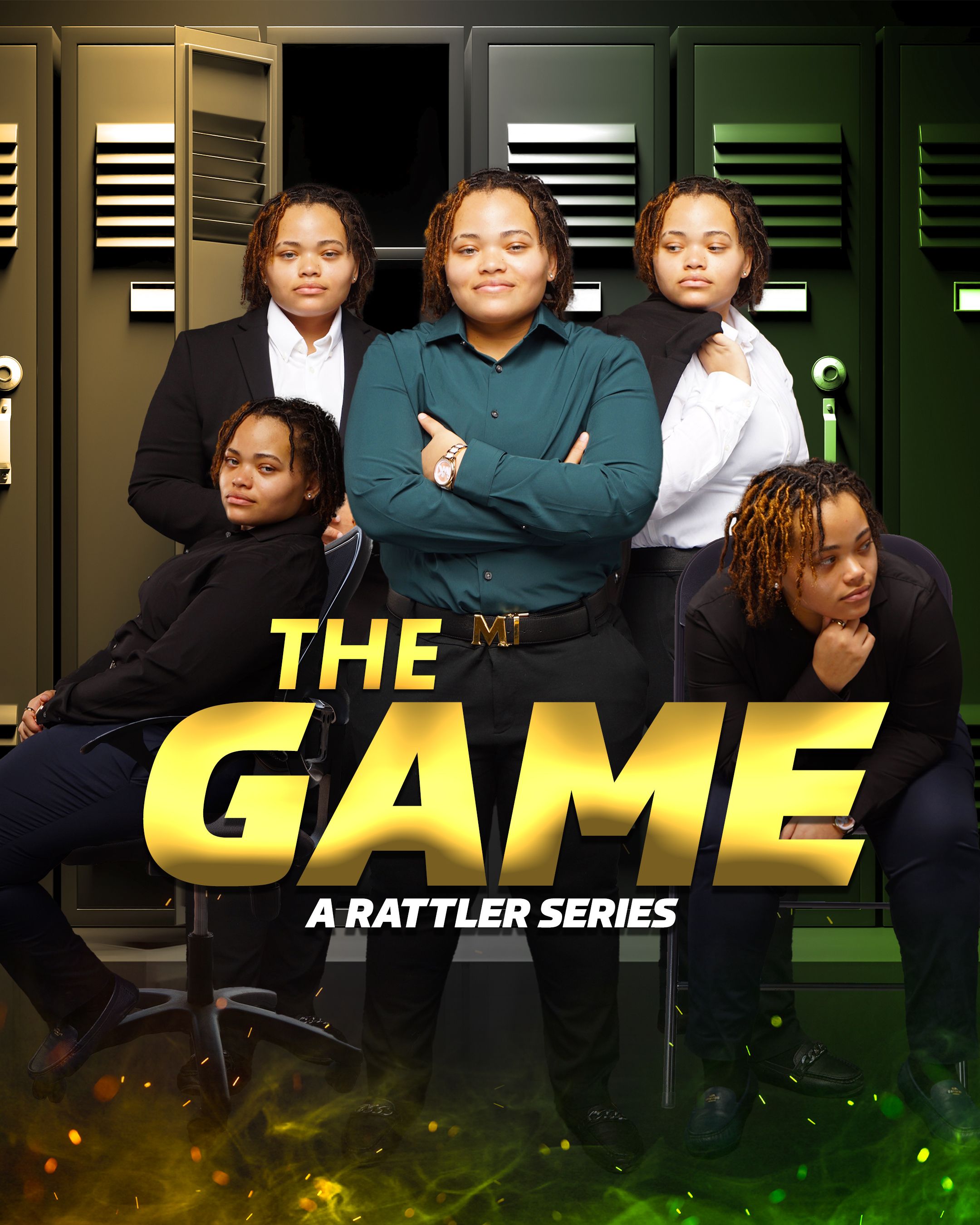 Group promotional image for 'The Game' Rattler series showing people posed by lockers.