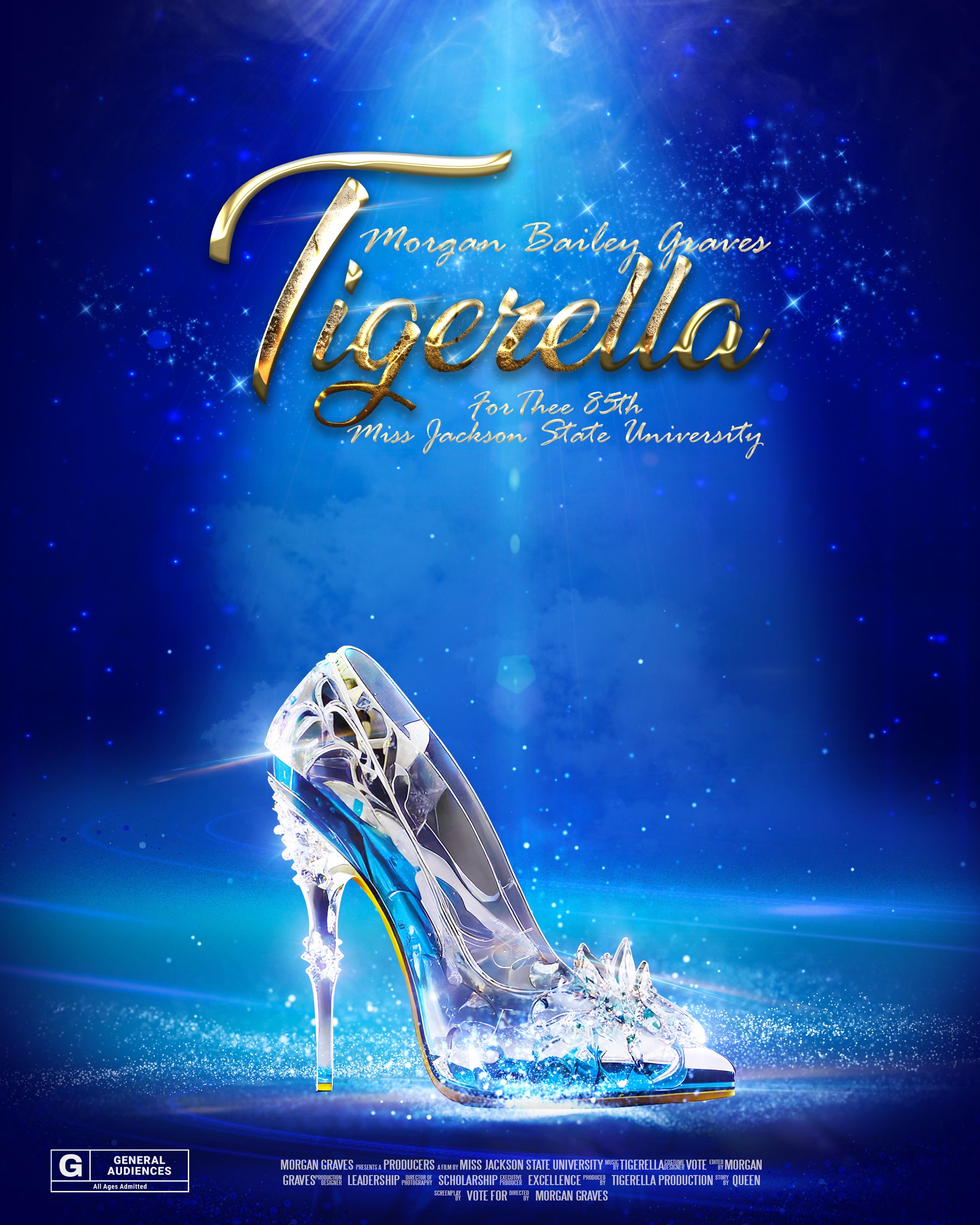 Promotional poster for 'Tigerella' featuring a glittering glass slipper on a magical blue background.