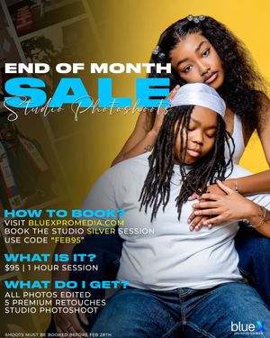 Marketing banner showing end of month photography studio sale promotion with blue and yellow design elements.