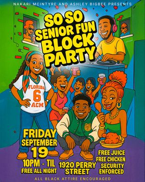 Colorful cartoon party flyer featuring animated characters and event details for a block party celebration.