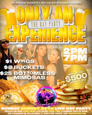Promotional banner for a Sunday party featuring wing and mimosa specials with gold and yellow design elements.