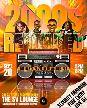 Colorful retro-style party flyer design featuring boomboxes and 2000s music theme with orange and yellow gradient background.
