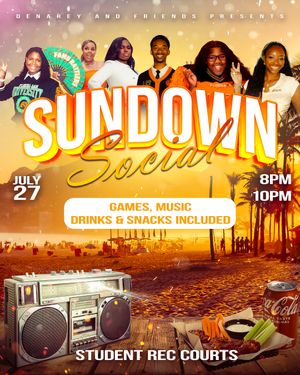Event flyer for Sundown Social featuring games, music, drinks and snacks at Student Rec Courts with sunset palm tree background.