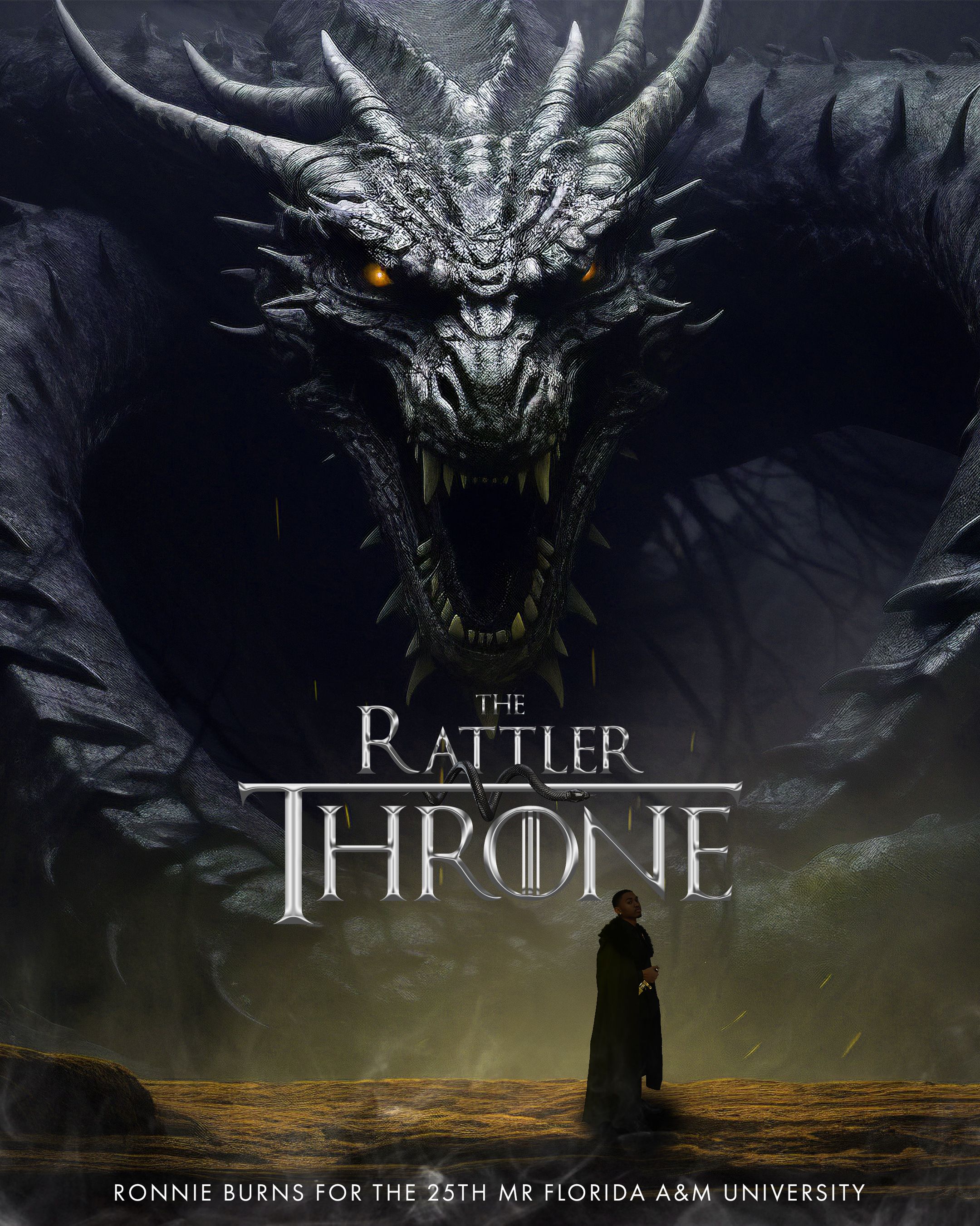 Dark fantasy artwork of a menacing dragon for 'The Rattler Throne' promotional campaign.