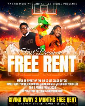 Promotional banner advertising a free rent giveaway with basketball imagery and bright orange colors.