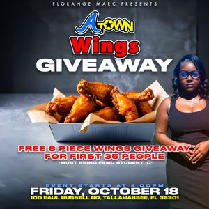 Wings giveaway promotional flyer featuring crispy chicken wings on brown paper.