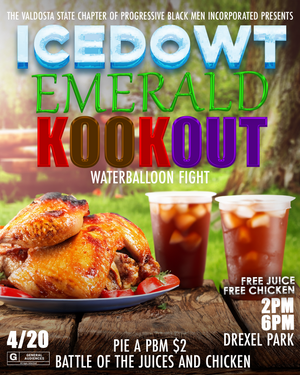 Event flyer featuring food images and text for a cookout with chicken and pie specials.