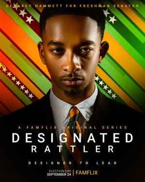 Promotional poster for TV series 'Designated Rattler' featuring diagonal stripes in green and orange with stars against dark background.