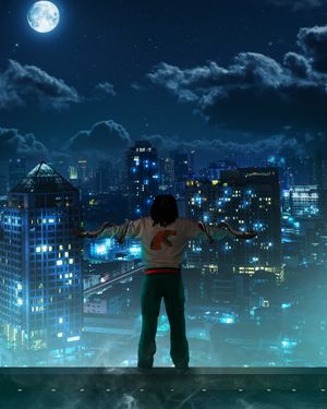 Night cityscape with full moon and illuminated buildings in blue tones.