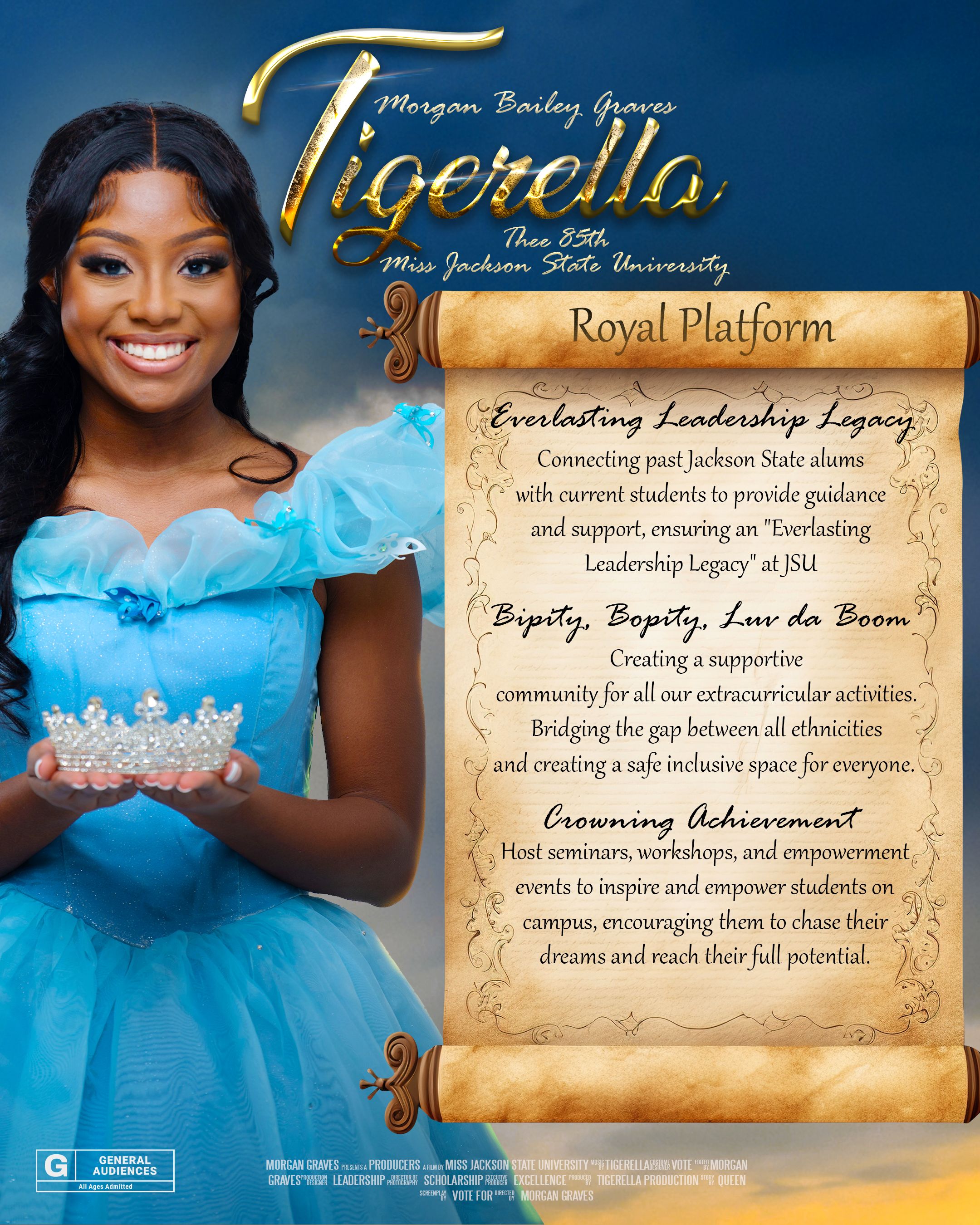 Royal platform program announcement with decorative scroll and blue gown details.