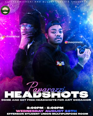 Paparazzi headshots event flyer with cosmic blue and purple background design.