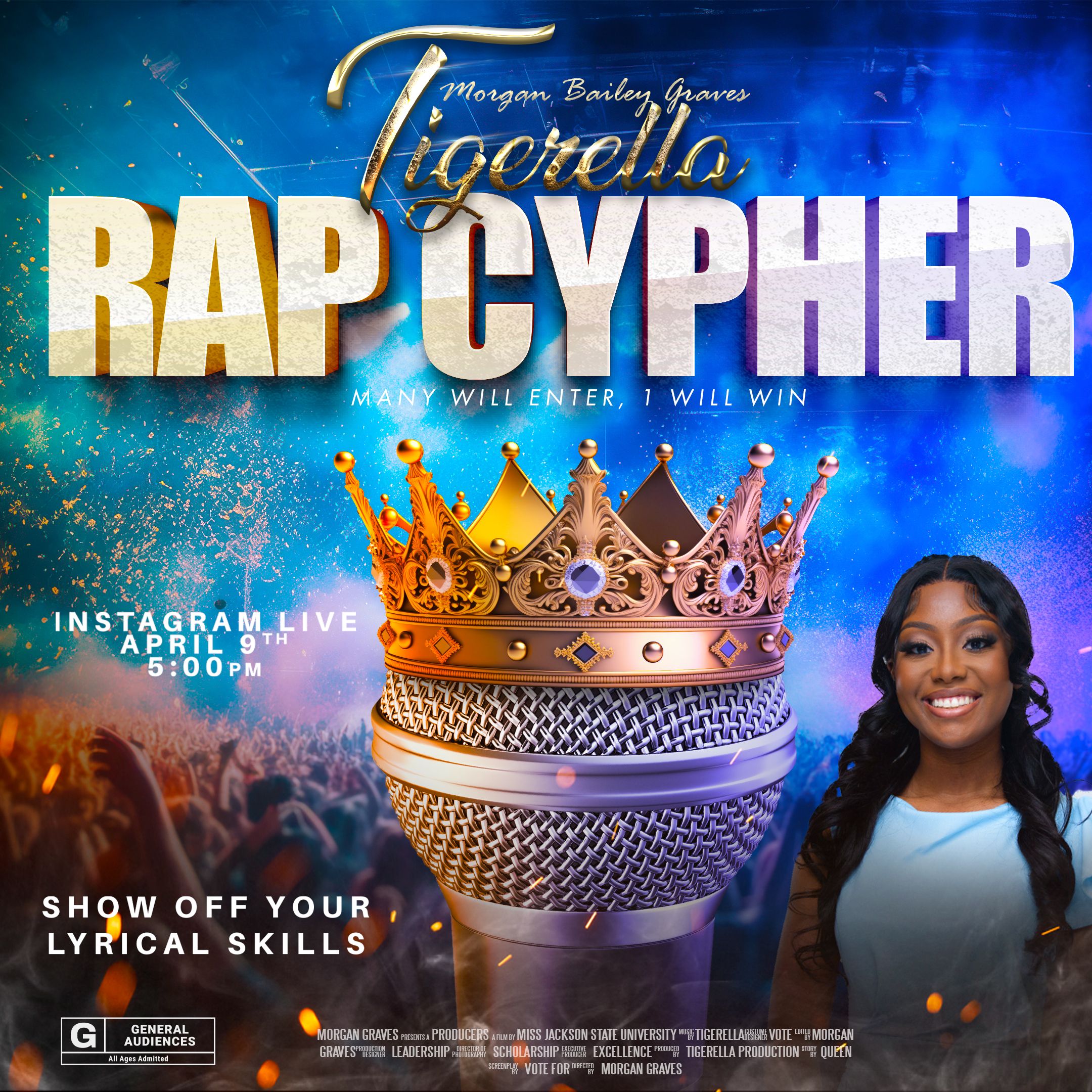 Event poster for Rap Cypher featuring gold crown and microphone on blue sparkly background.