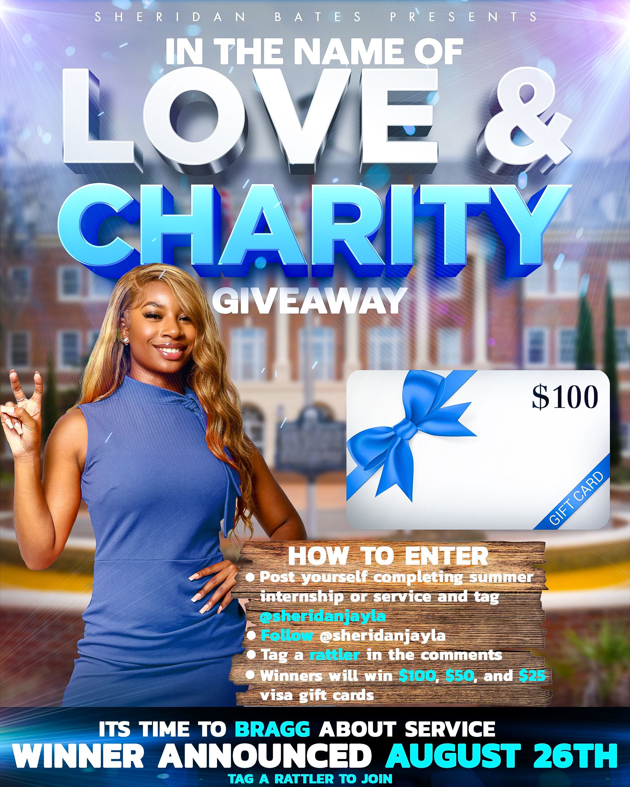 Promotional flyer for a Love & Charity giveaway event with $100 prize.