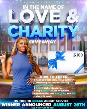 Love and Charity giveaway promotional poster featuring blue text and $100 prize announcement.