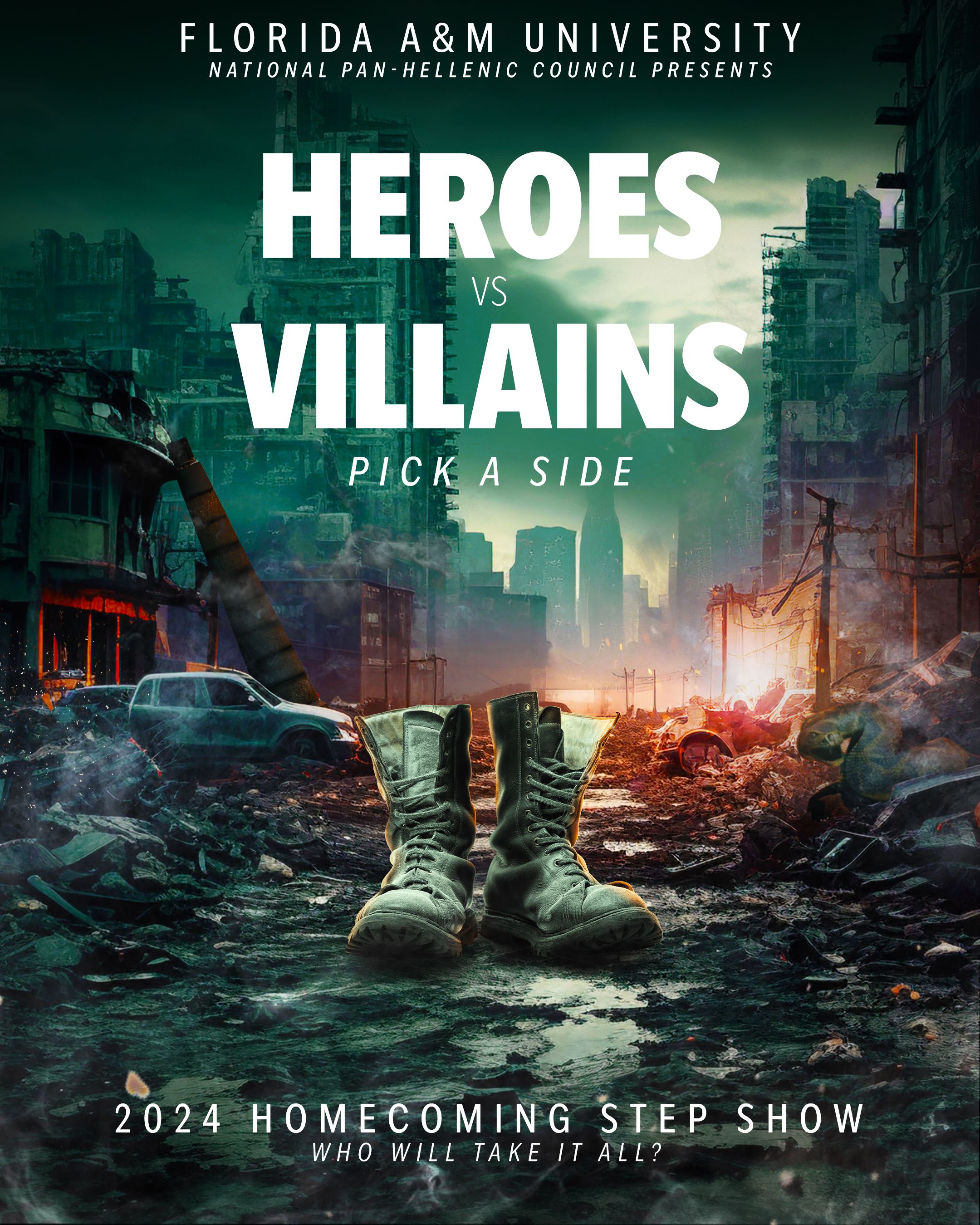 Florida A&M University's 2024 Homecoming Step Show poster featuring combat boots in a dystopian cityscape.