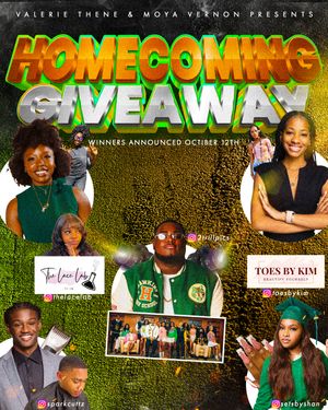 Homecoming giveaway promotional flyer with green background featuring collage of celebration moments.