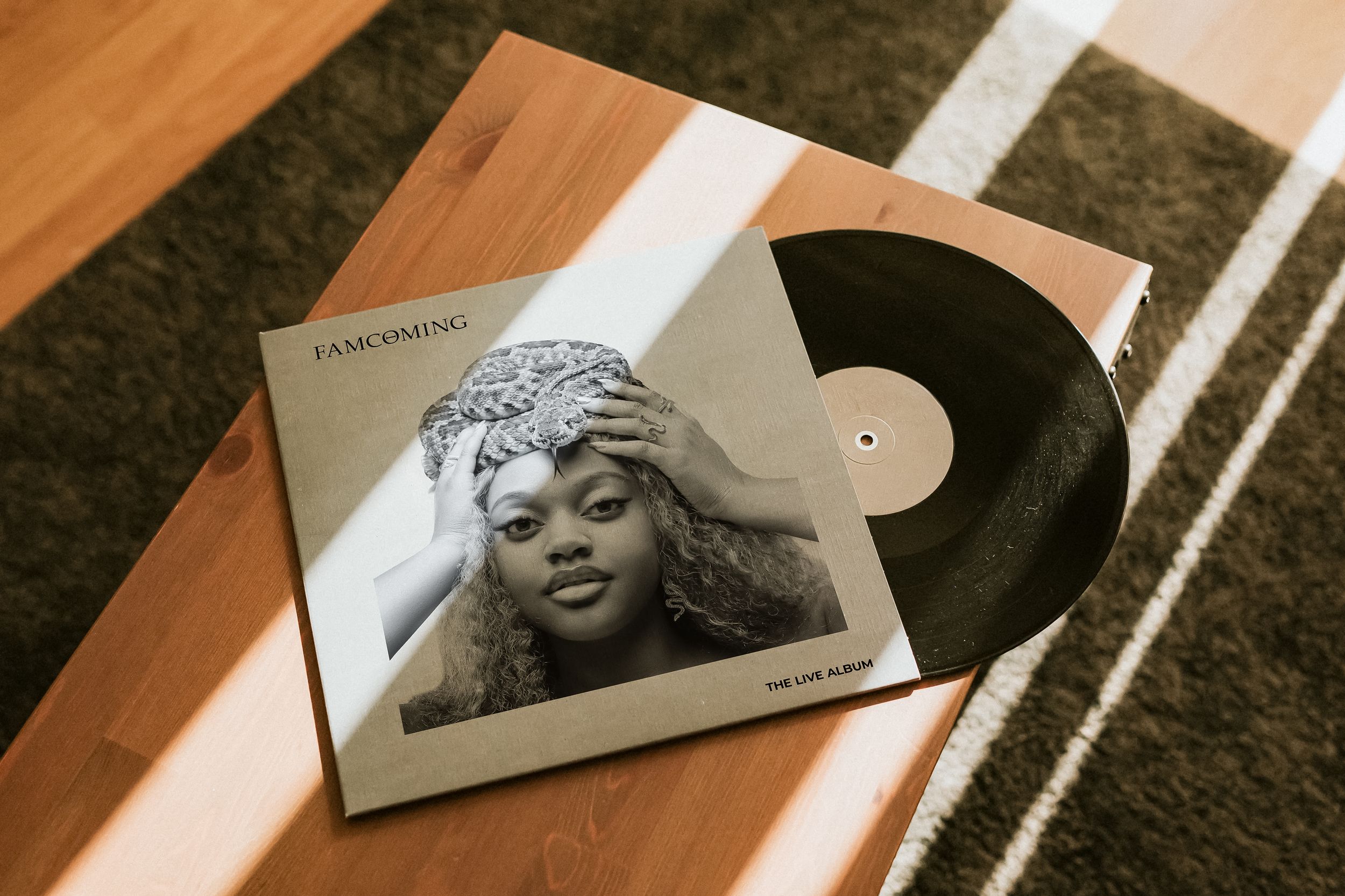 Close-up shots of vinyl records and album packaging arranged on a brown carpet or surface.