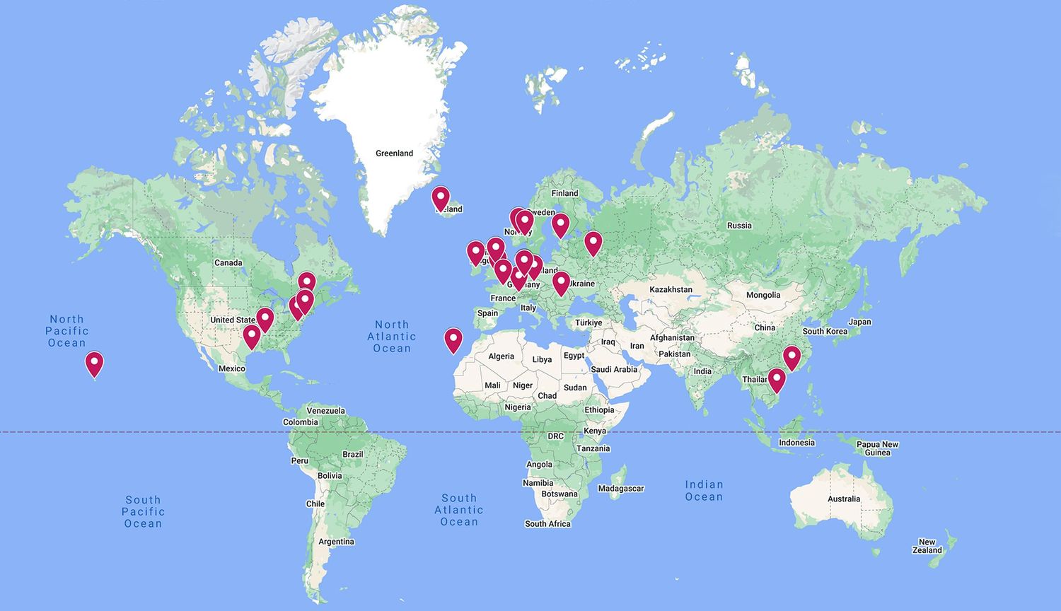 Map showing locations of clients worldwide whose photography sessions took place in Tenerife.