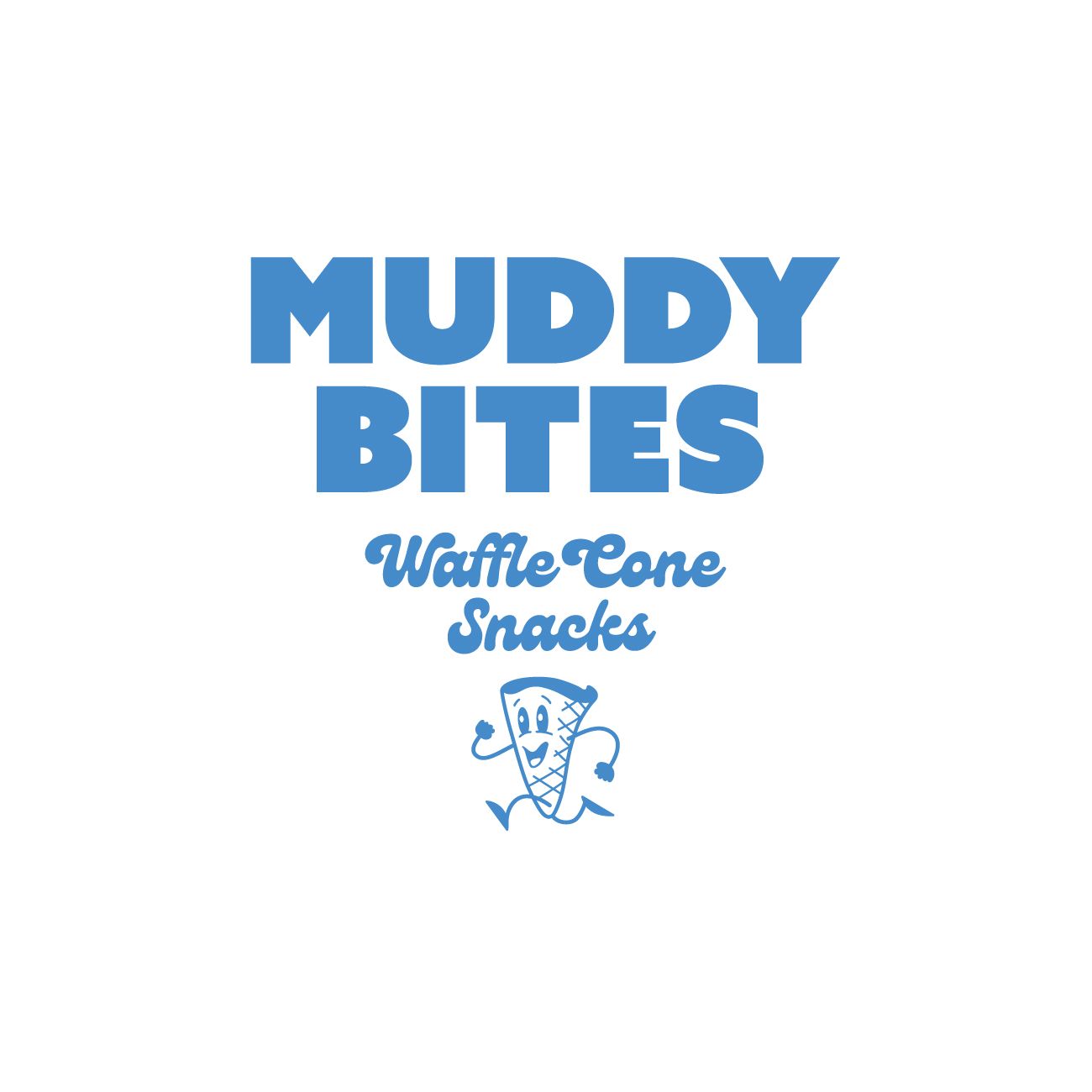 Blue retro-style waffle cone snack logo for Muddy Bites with playful design.