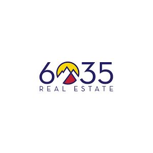 Real estate logo with numbers 6035 incorporating a mountain peak in yellow and navy blue.