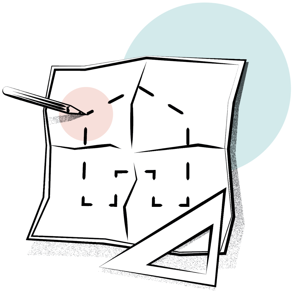 Hand-drawn architectural floor plan sketch with pencil and set square on white paper.