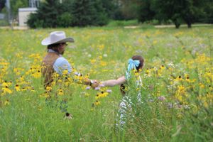 A person crouches while taking photos in a vibrant yellow wildflower meadow on a sunny summer day.