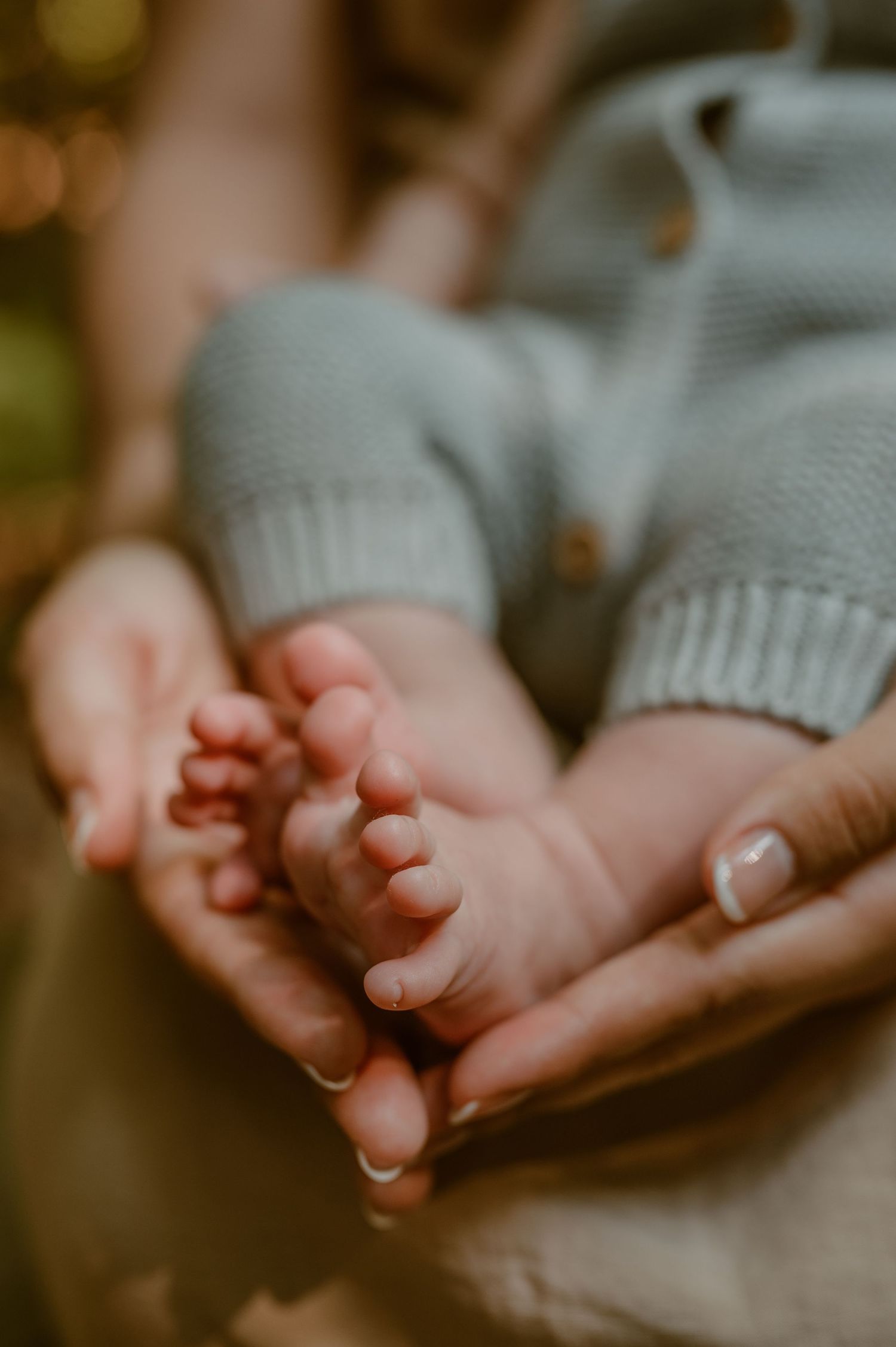 Baby feet cradled in adult hands in a gray sweater. Photo by Samantha Campbell Imagery.
