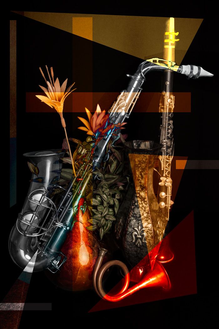 Artistic still life of musical instruments and flowers with dramatic lighting and shadows.