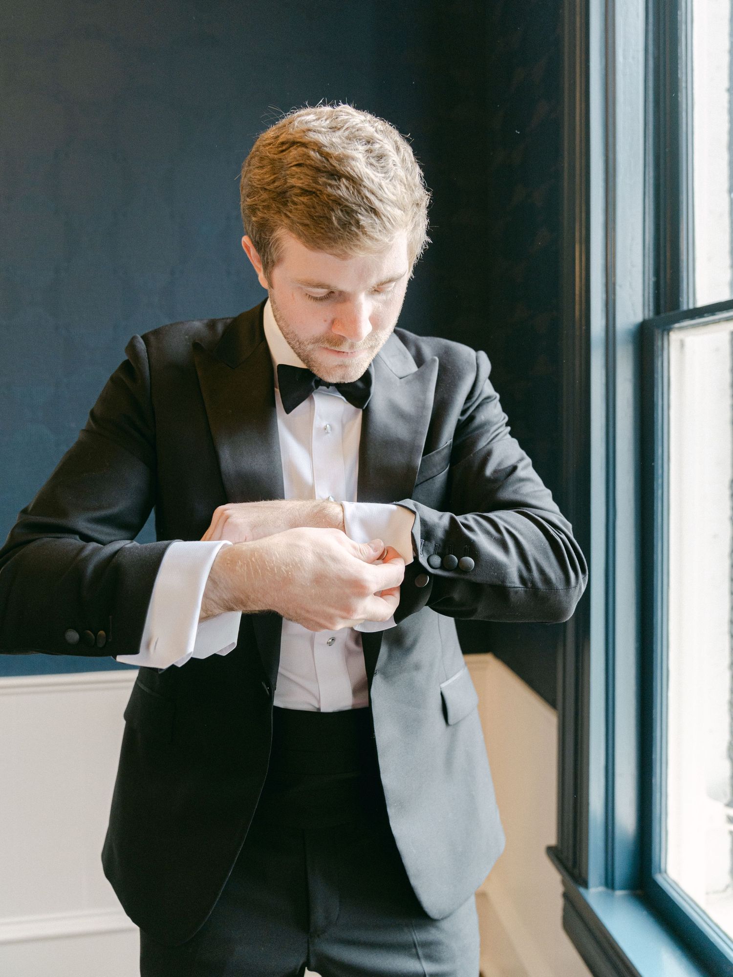 Woodbine Mansion Round Rock Austin Texas Winter Wedding Fine Art Editorial Photography Groom bow tie European Videograph