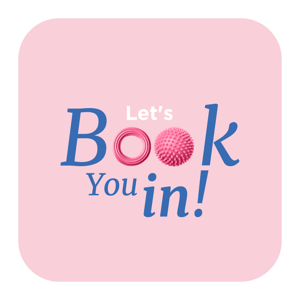 Pink square design with blue text reading 'Book You In' featuring decorative yarn ball elements.