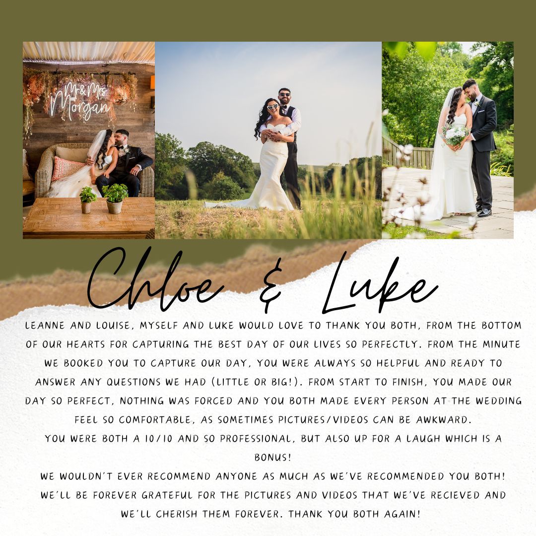 A wedding photo collage featuring outdoor and indoor moments with handwritten text.