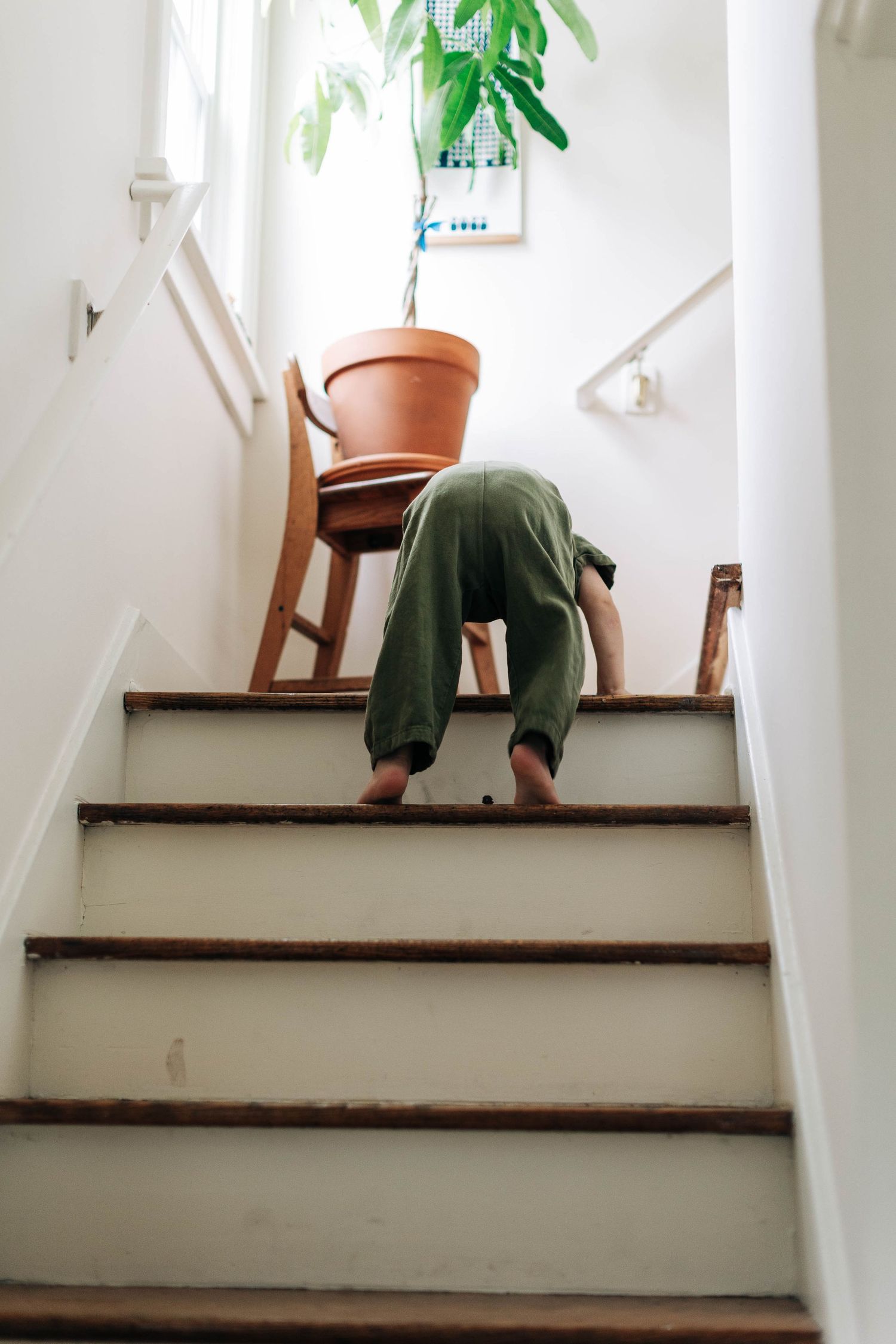 Small figure in green outfit crawling up white painted stairs near potted plant.