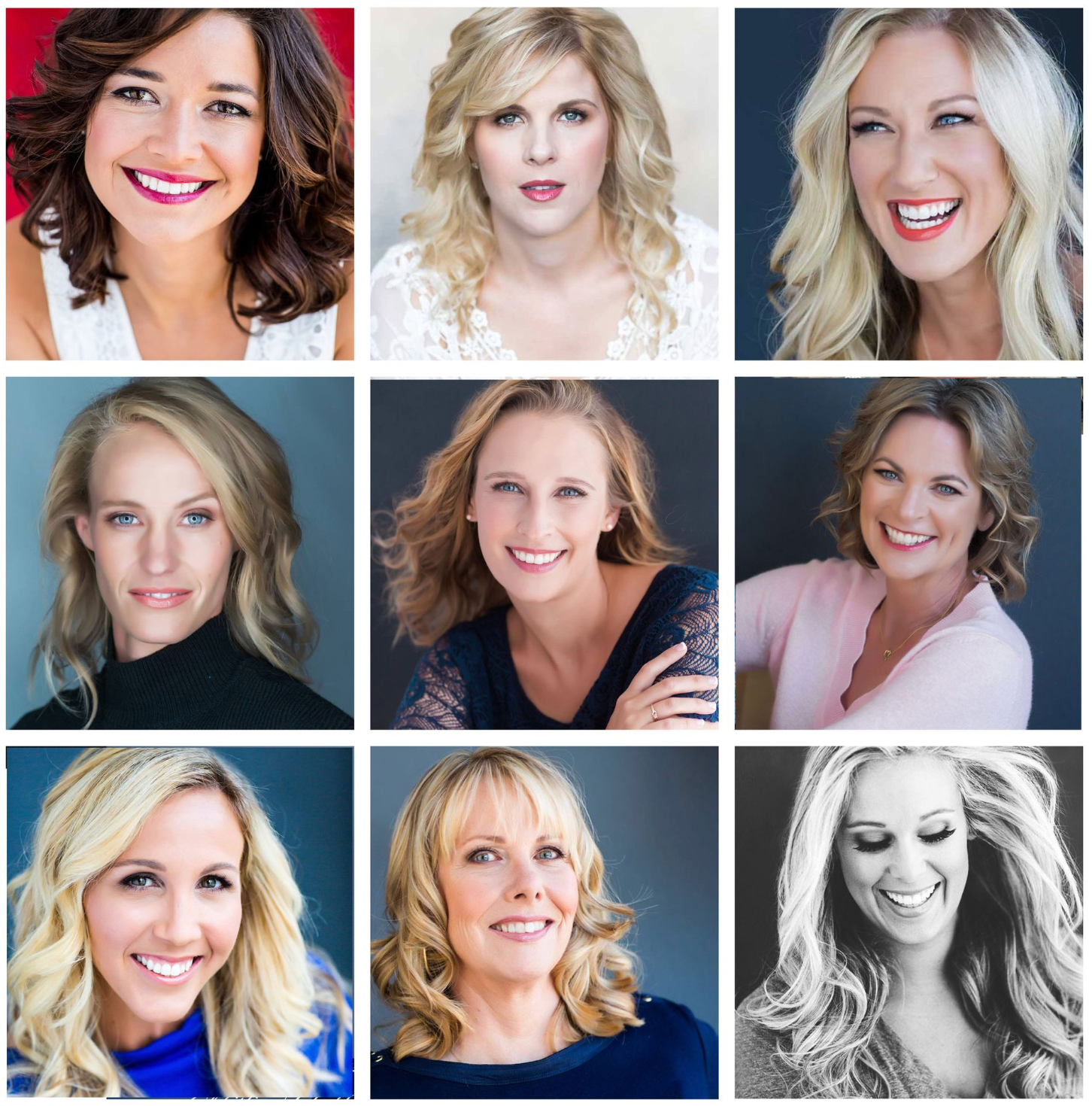 Grid of professional headshots showing women with styled hair and makeup.