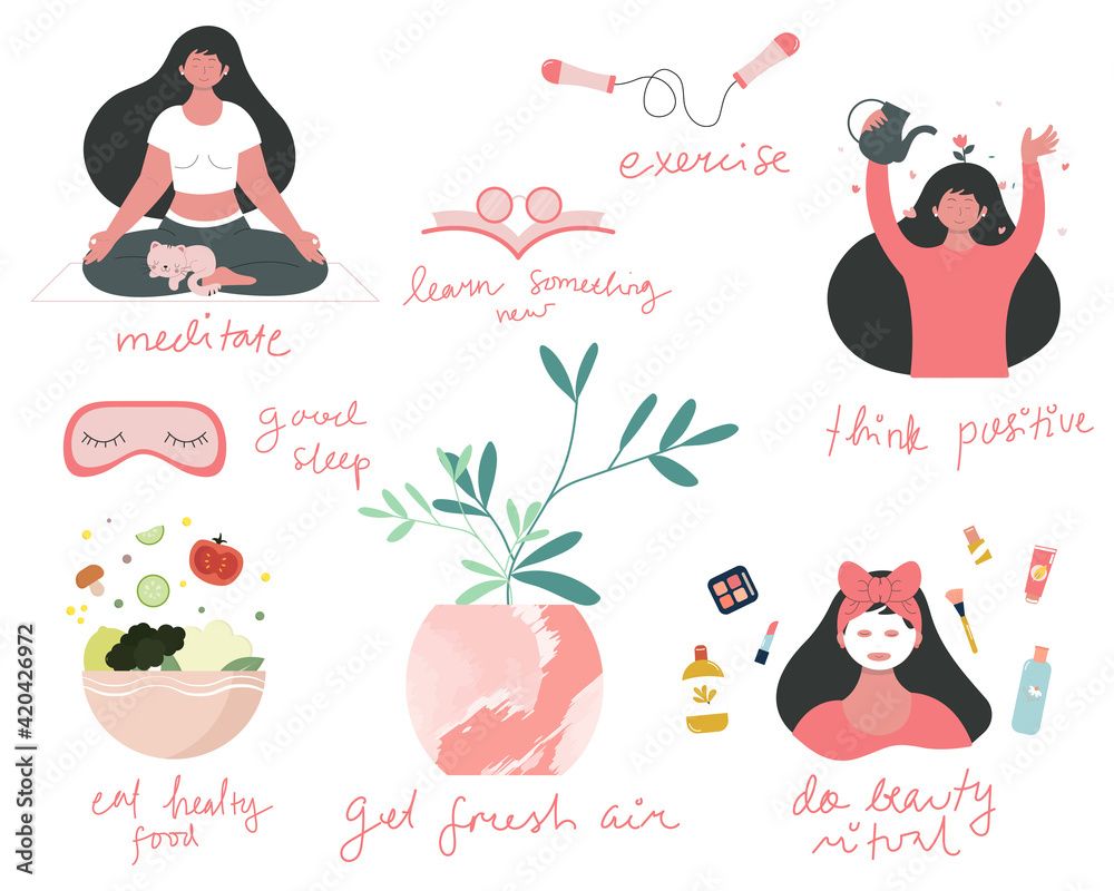 Cute pink illustrations of self care and wellness activities with hand drawn text.
