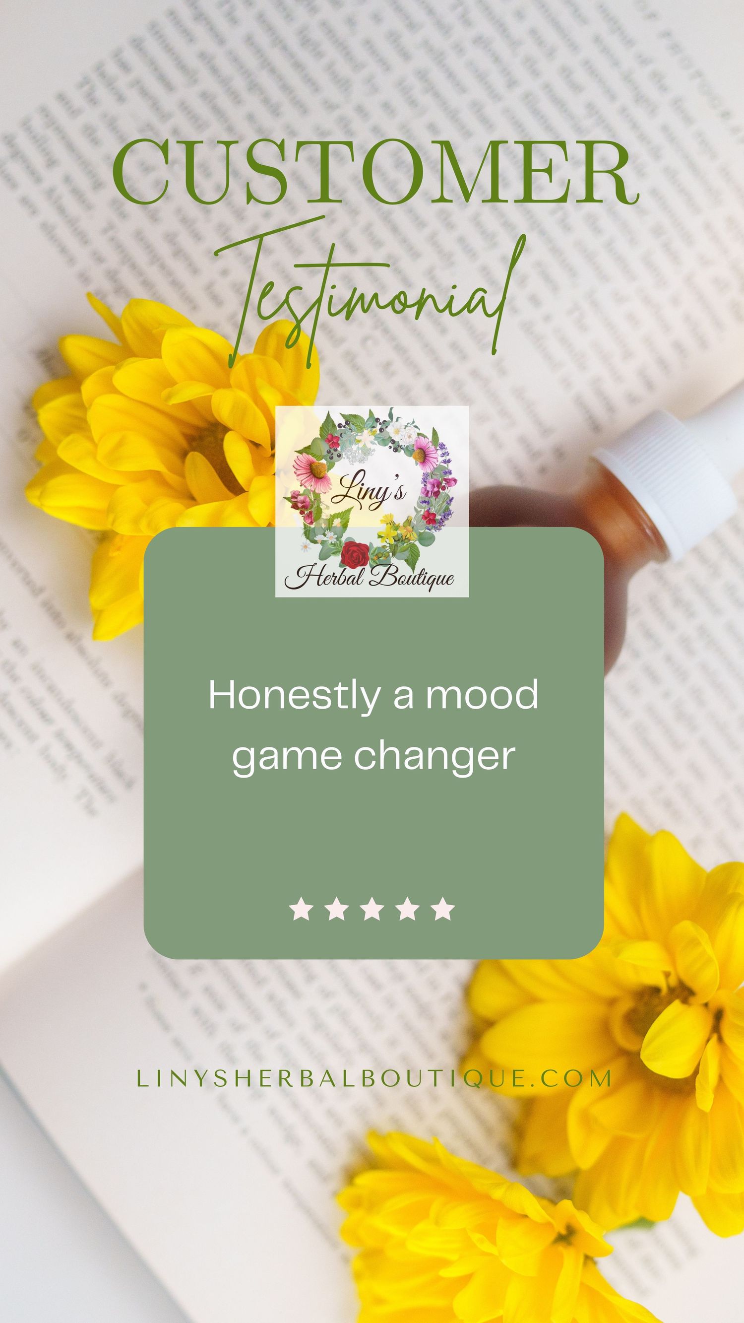 Customer testimonial card with yellow flowers and five-star review on open book.