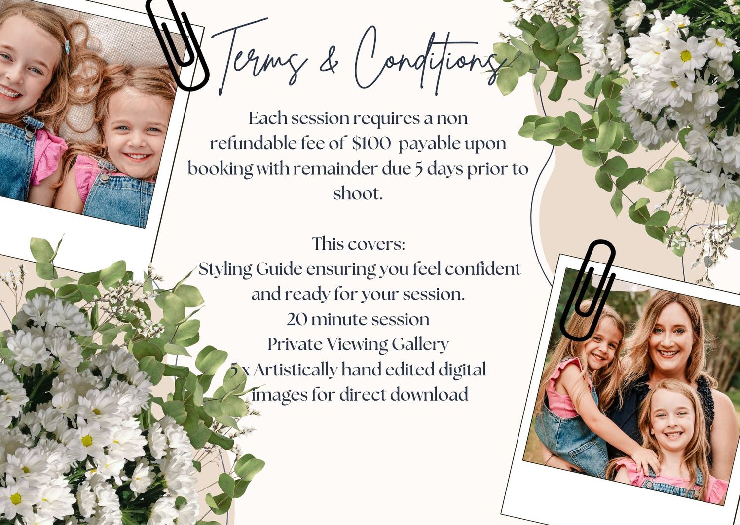 Wedding photography terms and conditions template with decorative floral elements.
