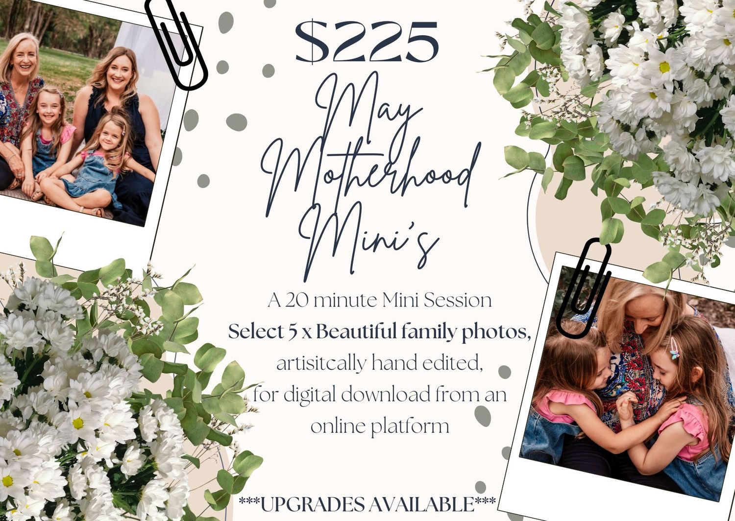 Wedding photography pricing template with floral decorations and sample photos on white background.