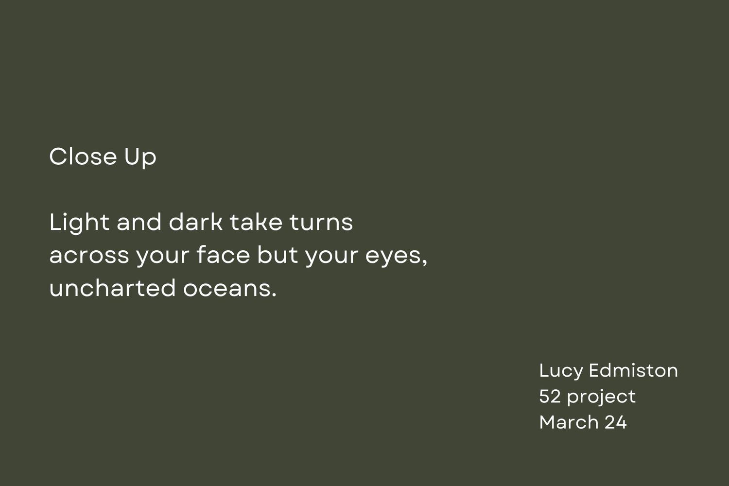 Text overlay with poetry about light and dark against a dark green background.