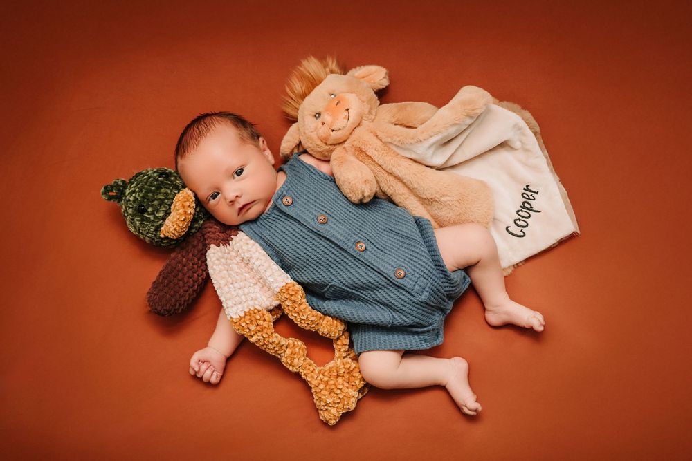 Baby lying on brown backdrop with knit toys and accessories.