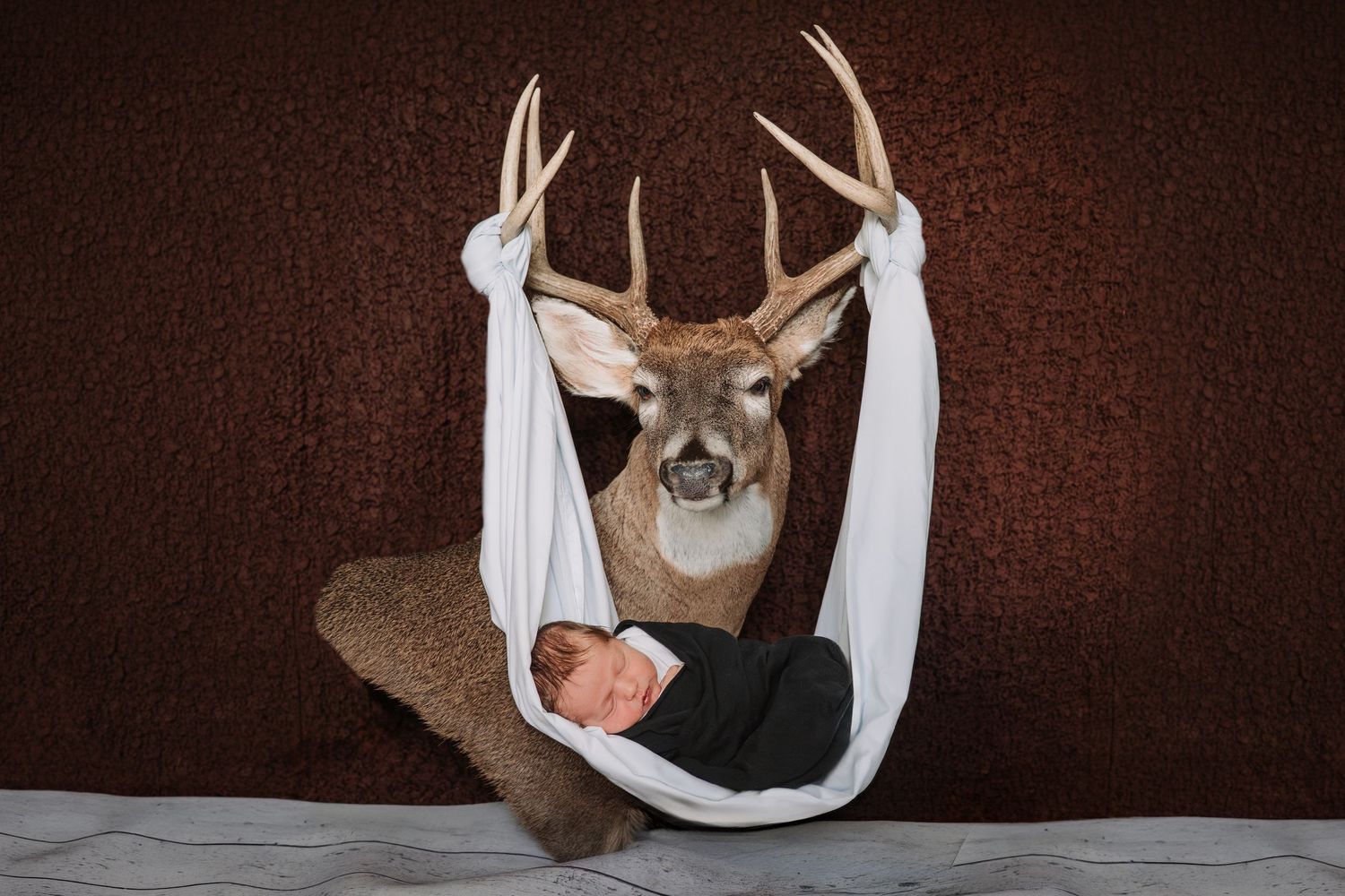Newborn baby swaddled in white fabric posed with a mounted deer head trophy on brown background.