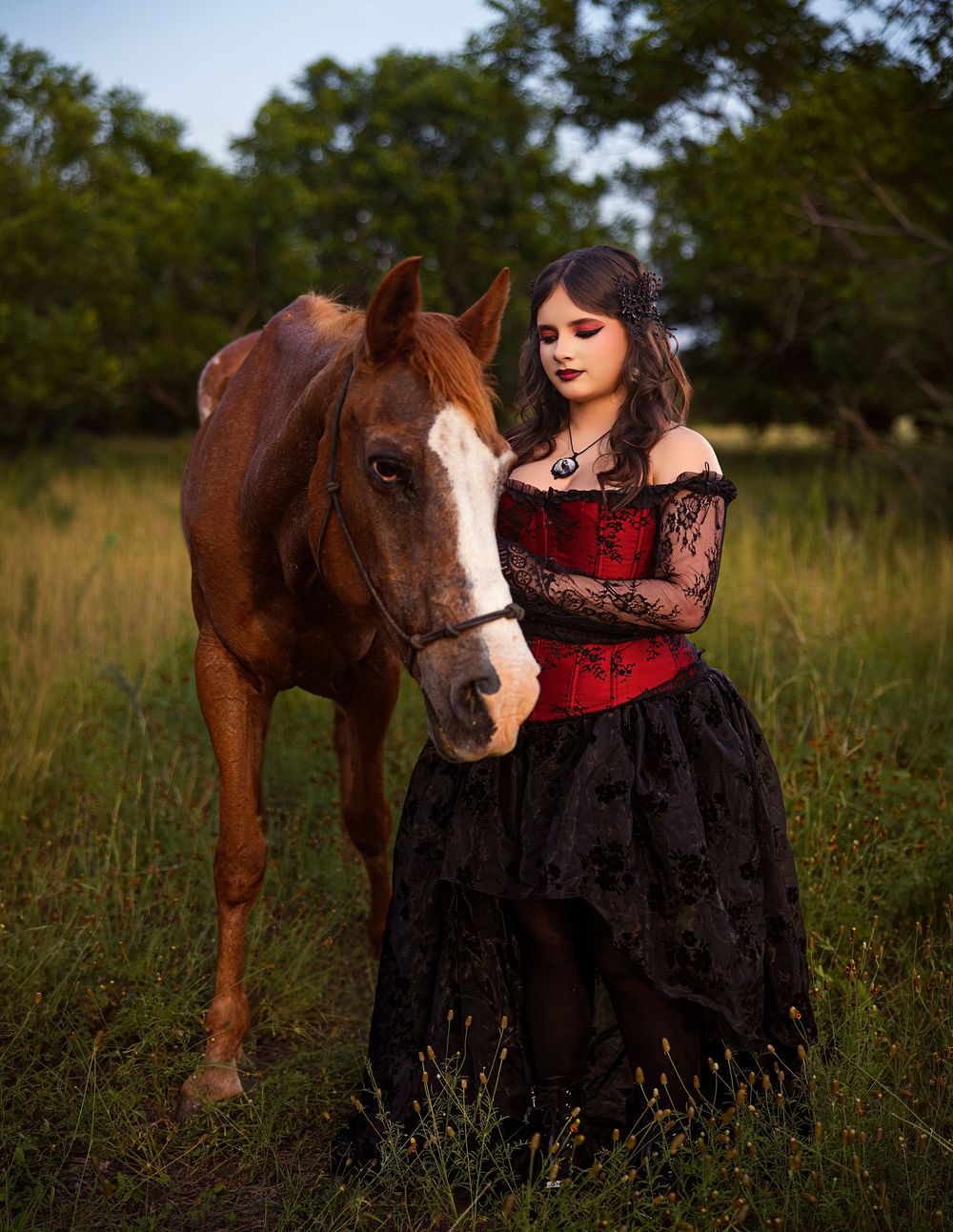 Gothic woman in red corset and black lace gown poses with chestnut horse in green meadow at dusk.