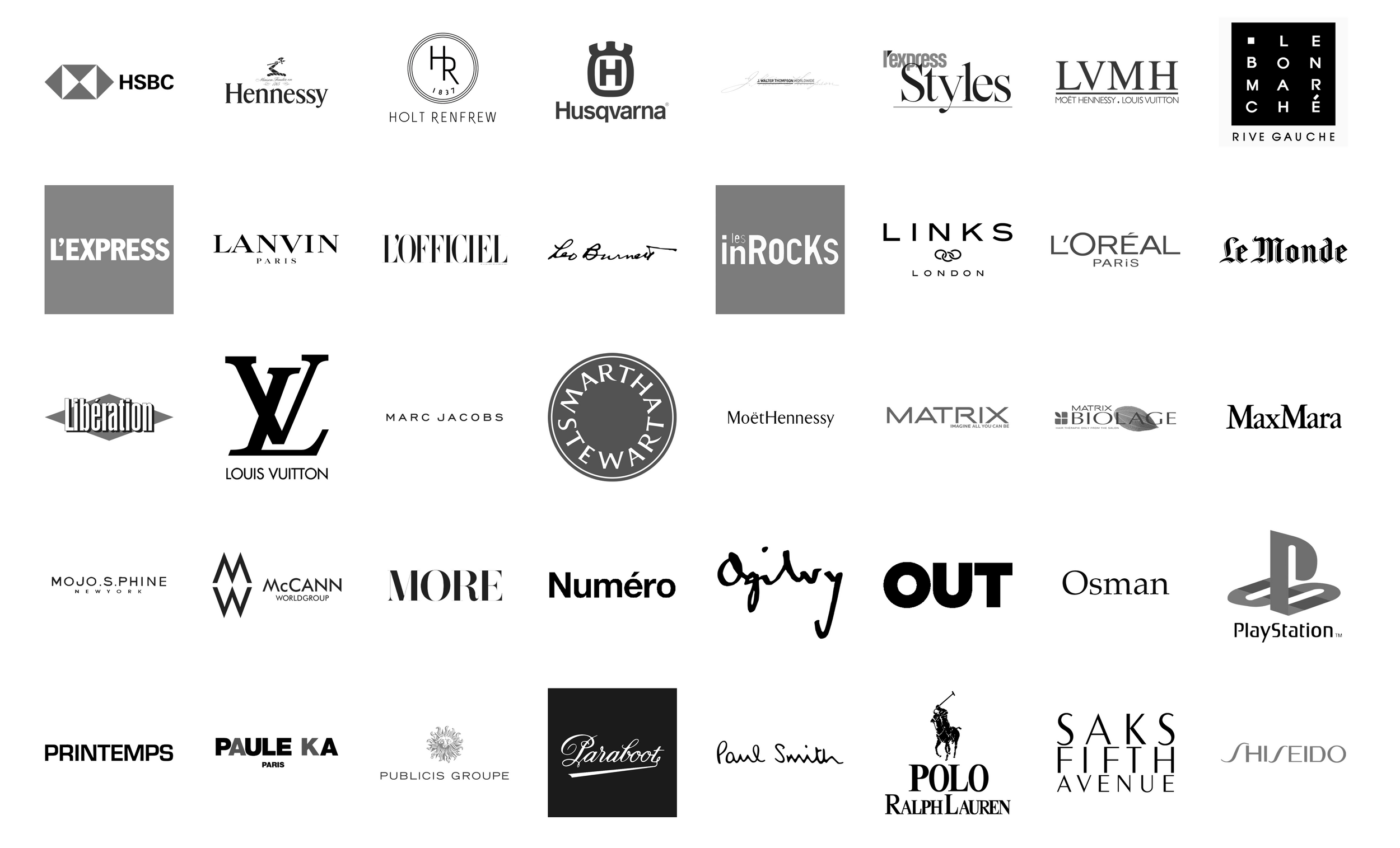 Grid of high-end fashion and entertainment brand logos including Louis Vuitton and PlayStation.
