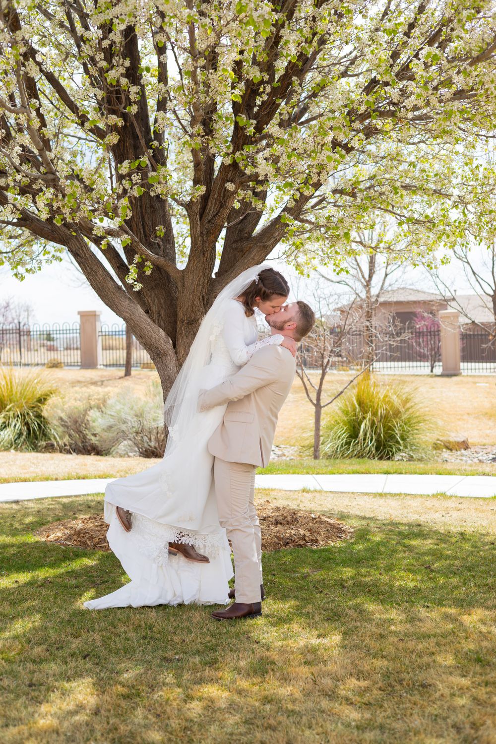 Romantic wedding couple embraces under blooming tree in outdoor garden setting.