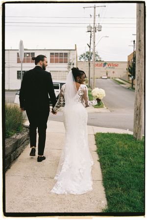 A bride and groom walk away from the camera on a path beside a grassy area in a series of vintage-style photographs.