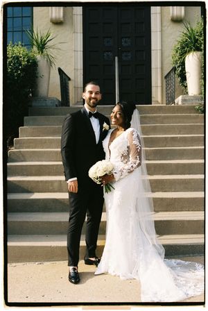 A sequence of wedding photos showing a couple in formal attire posing on stone steps outside a building.