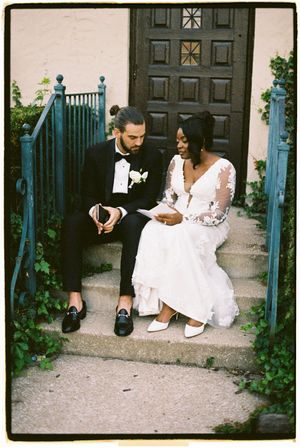 A sequence of four vintage-style photographs showing a couple sitting on concrete steps in white formal attire.