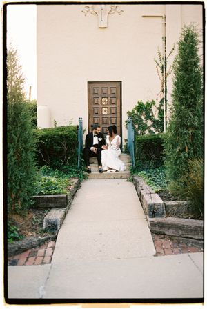 A series of photos showing a concrete walkway leading to a wooden door, framed by greenery and brick walls.