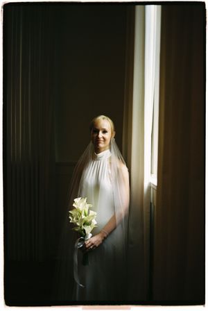 A series of moody bridal portraits showing a figure in white against dark shadows and window light.